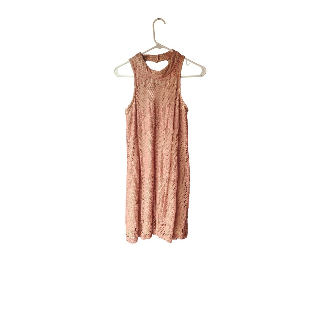 Phaedo Women Dusty Rose Lace High Neck Keyhole Back Sleeveless Shift Dress Small